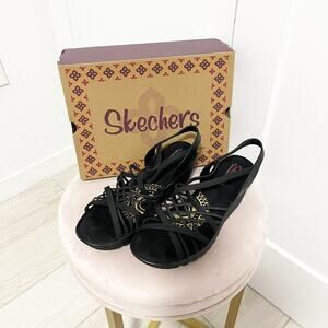 Skechers Parallel Crossed Wires Black Slingback Wedge Sandals Size 10